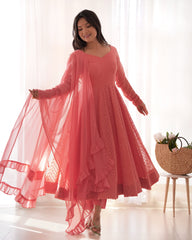 Dark Peach Georgette Lucknowi Embroidered Anarkali Suit