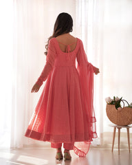 Dark Peach Georgette Lucknowi Embroidered Anarkali Suit