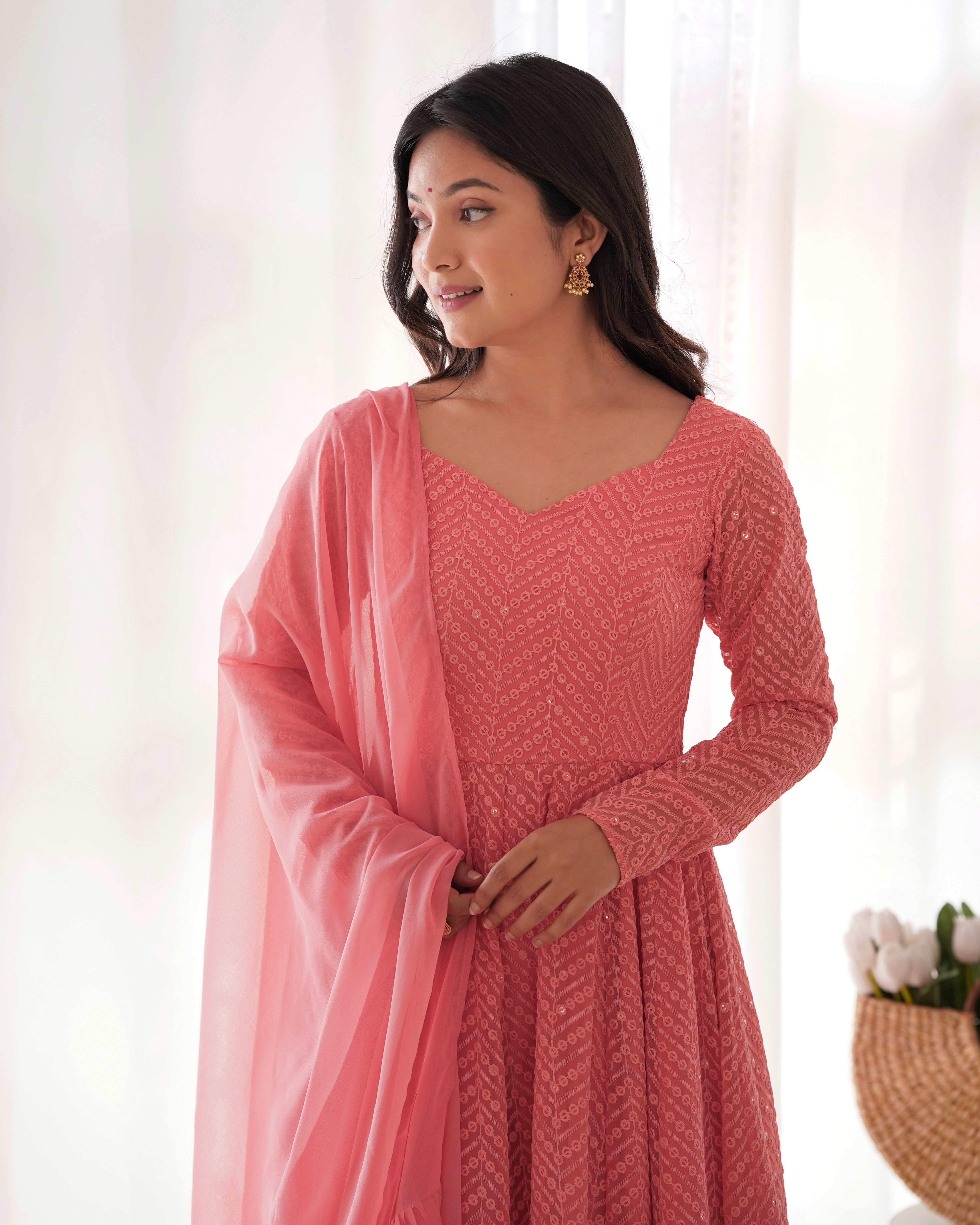 Dark Peach Georgette Lucknowi Embroidered Anarkali Suit