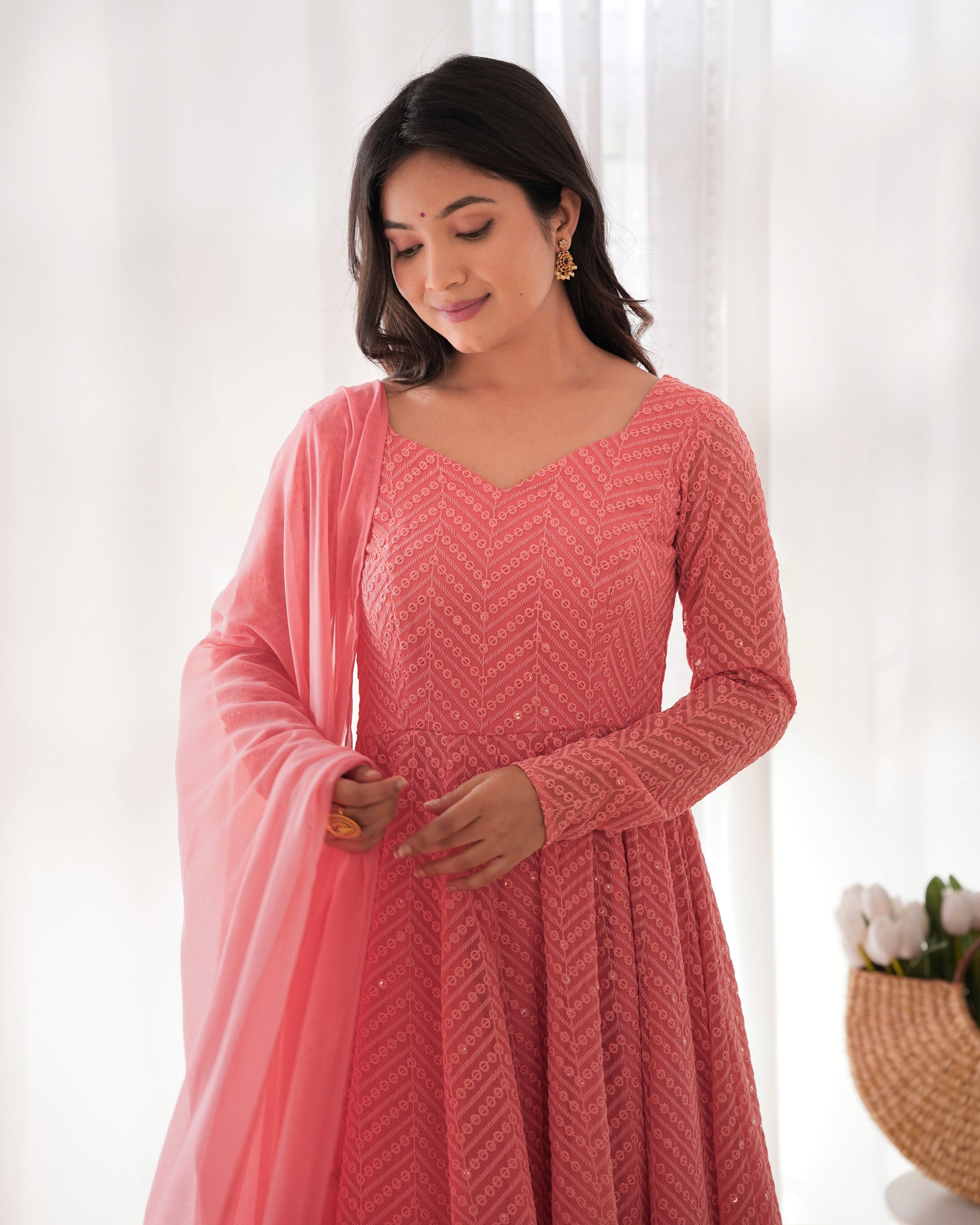 Dark Peach Georgette Lucknowi Embroidered Anarkali Suit