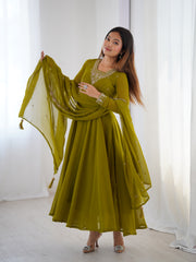 Mehndi Green Georgette Three-Piece Anarkali Suit – Embroidered Festive Wear