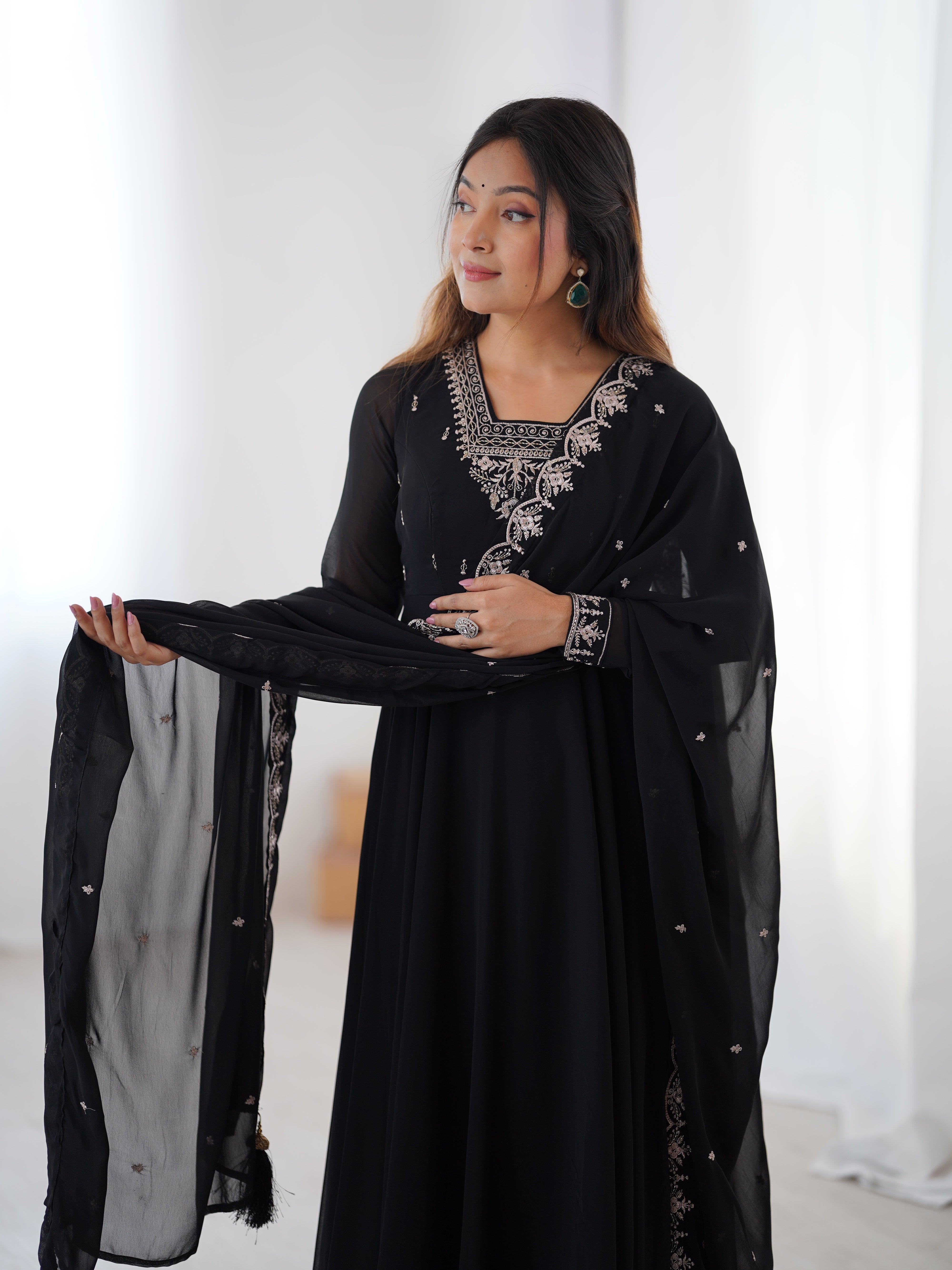 Black Faux Georgette Three-Piece Anarkali Suit with Embroidery & Tassel Dupatta