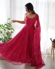 Pink Bandhani Print Chiffon Anarkali Suit
