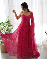 Pink Bandhani Print Chiffon Anarkali Suit