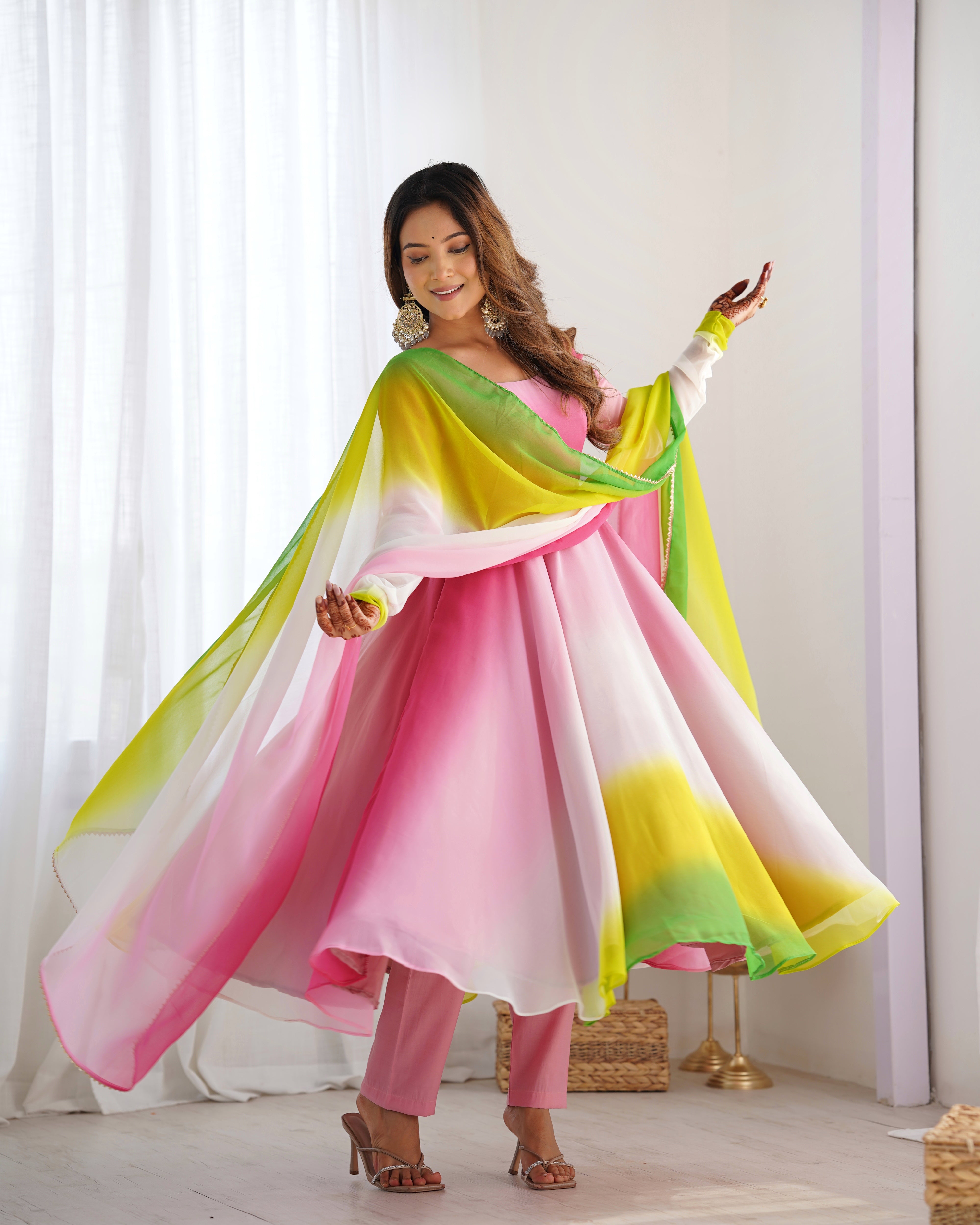 Multi-Pink Georgette Three-Piece Anarkali Suit – Elegant Festive Ensemble