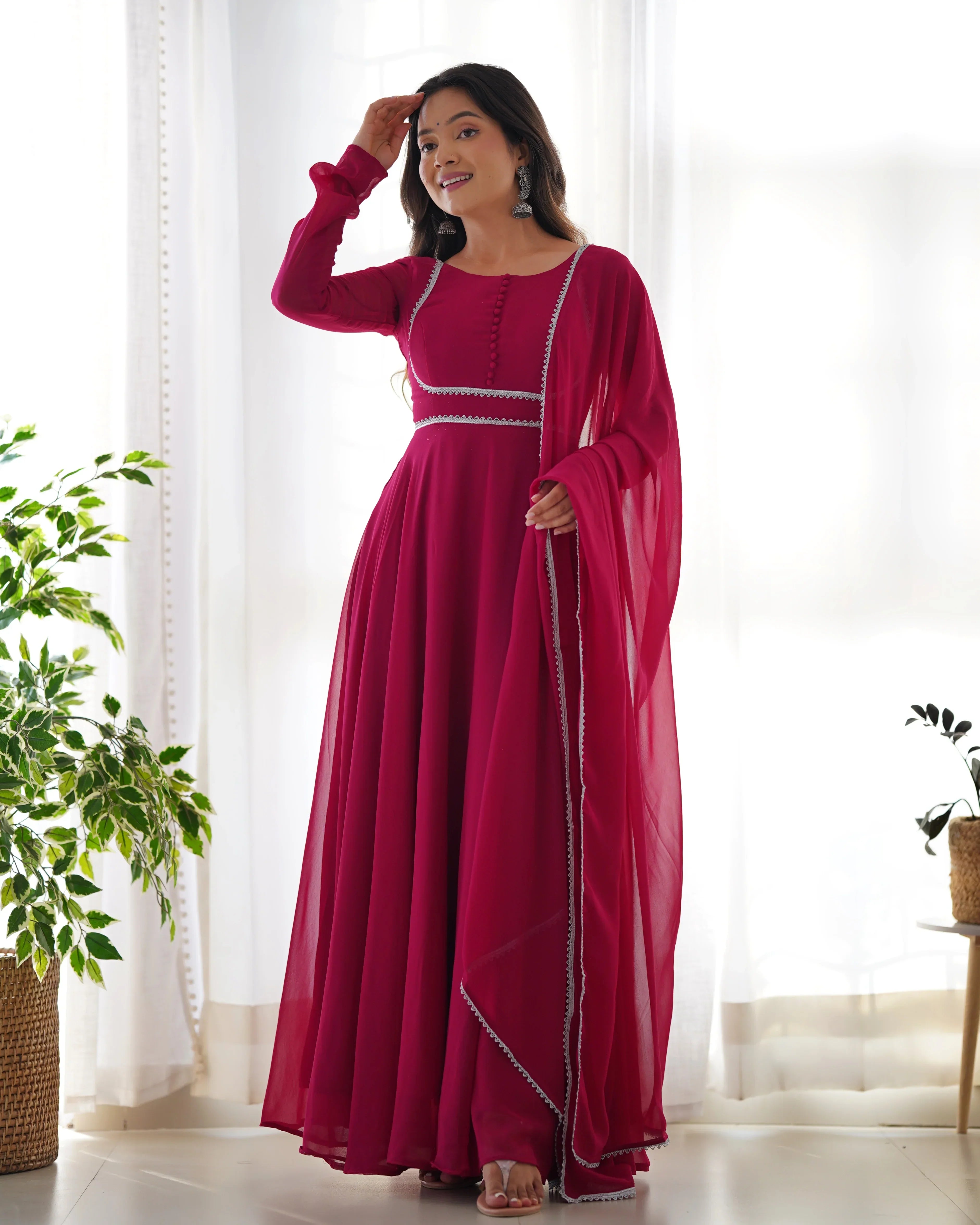 Georgette Anarkali Gown Dupatta Full Set with Pants - Festive Ready to Wear