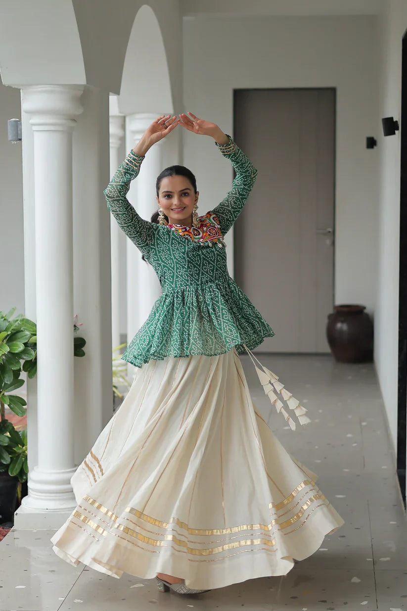 Elegant Kora Cotton Lehenga with Gota-Patti Lace & Bandhani Print Full-Stitched Top