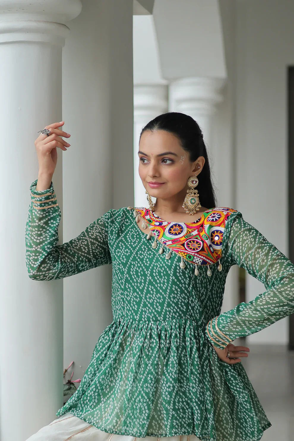 Elegant Kora Cotton Lehenga with Gota-Patti Lace & Bandhani Print Full-Stitched Top
