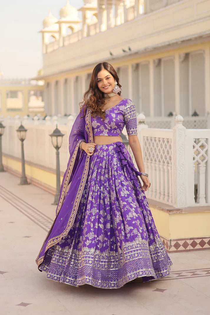 Elegant Full-Stitched Pure Dyable Viscose Jacquard Lehenga with Sequins Embroidered Work | Unstitched Matching Blouse & Russian Silk Dupatta