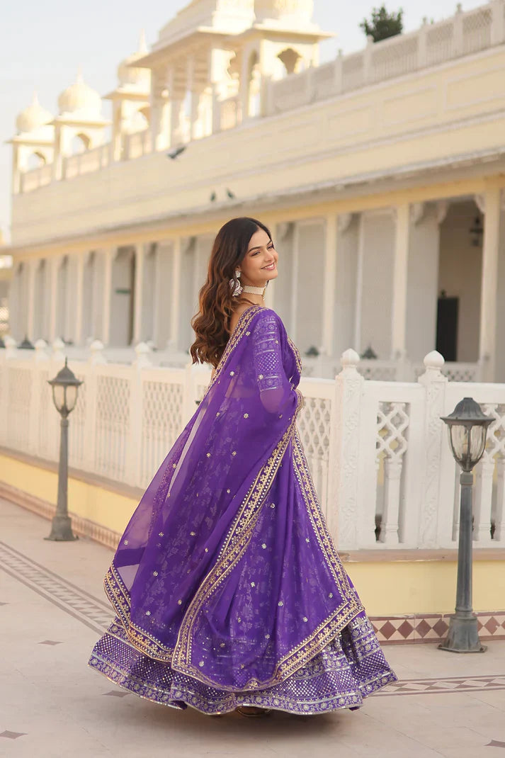 Elegant Full-Stitched Pure Dyable Viscose Jacquard Lehenga with Sequins Embroidered Work | Unstitched Matching Blouse & Russian Silk Dupatta