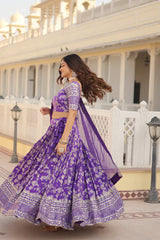 Elegant Full-Stitched Pure Dyable Viscose Jacquard Lehenga with Sequins Embroidered Work | Unstitched Matching Blouse & Russian Silk Dupatta