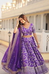 Elegant Full-Stitched Pure Dyable Viscose Jacquard Lehenga with Sequins Embroidered Work | Unstitched Matching Blouse & Russian Silk Dupatta