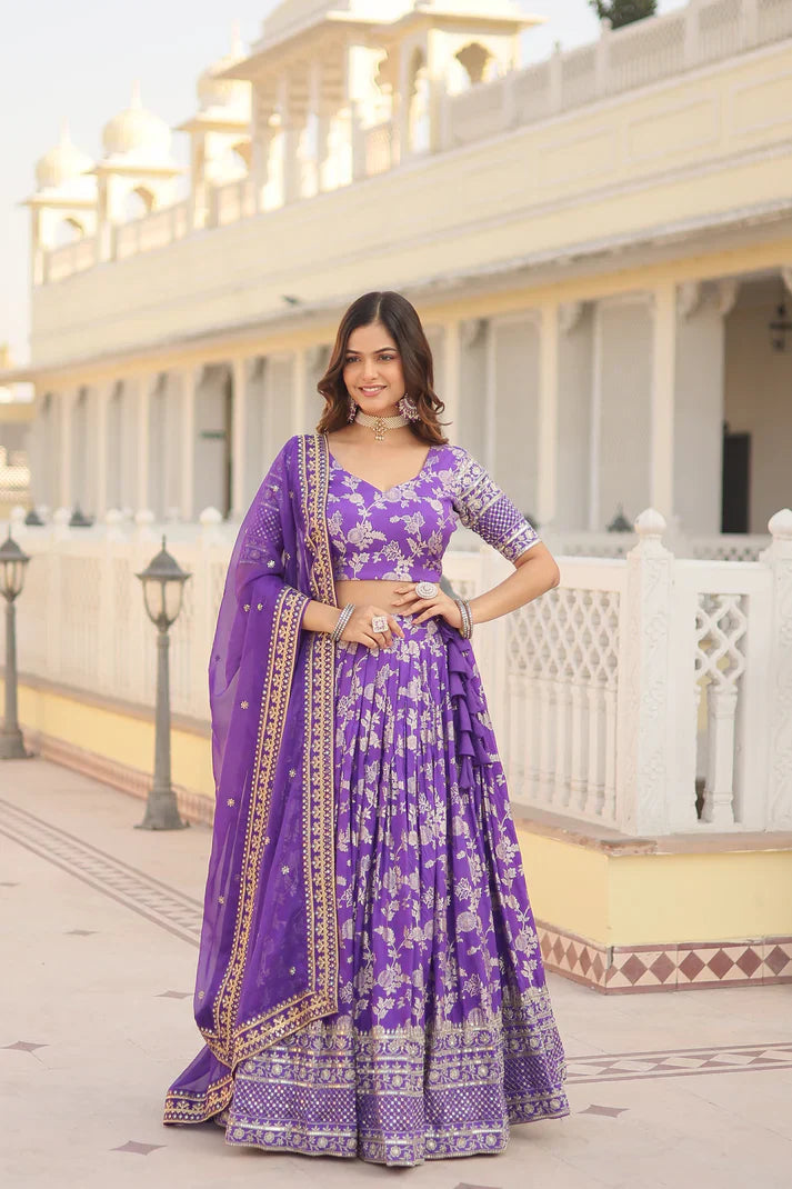 Elegant Full-Stitched Pure Dyable Viscose Jacquard Lehenga with Sequins Embroidered Work | Unstitched Matching Blouse & Russian Silk Dupatta