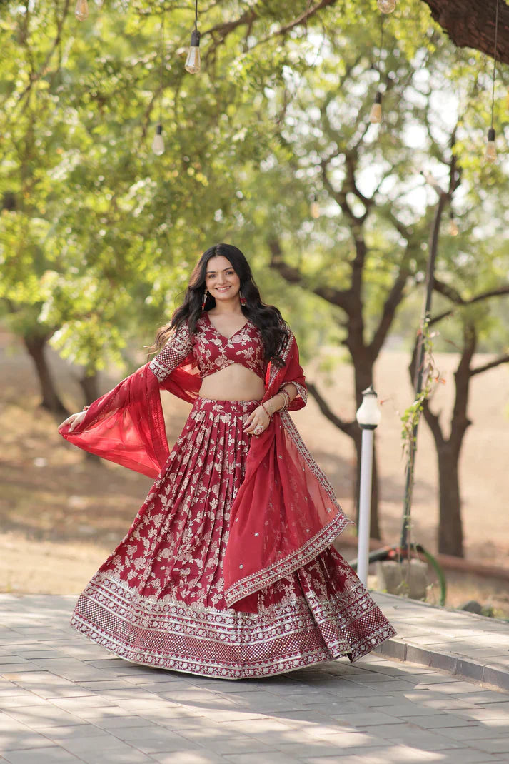 Elegant Full-Stitched Pure Dyable Viscose Jacquard Lehenga with Sequins Embroidery | Unstitched Matching Blouse & Russian Silk Dupatta