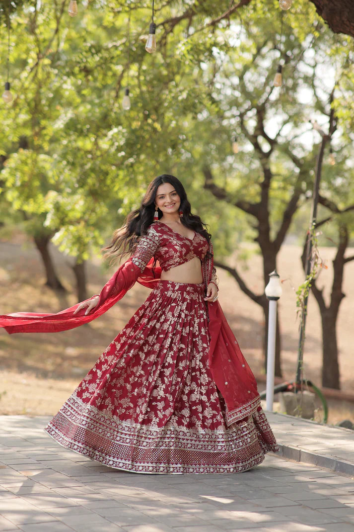 Elegant Full-Stitched Pure Dyable Viscose Jacquard Lehenga with Sequins Embroidery | Unstitched Matching Blouse & Russian Silk Dupatta