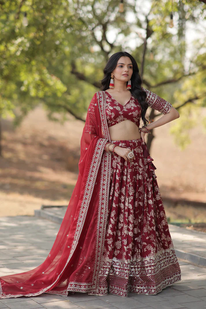 Elegant Full-Stitched Pure Dyable Viscose Jacquard Lehenga with Sequins Embroidery | Unstitched Matching Blouse & Russian Silk Dupatta