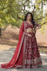 Elegant Full-Stitched Pure Dyable Viscose Jacquard Lehenga with Sequins Embroidery | Unstitched Matching Blouse & Russian Silk Dupatta