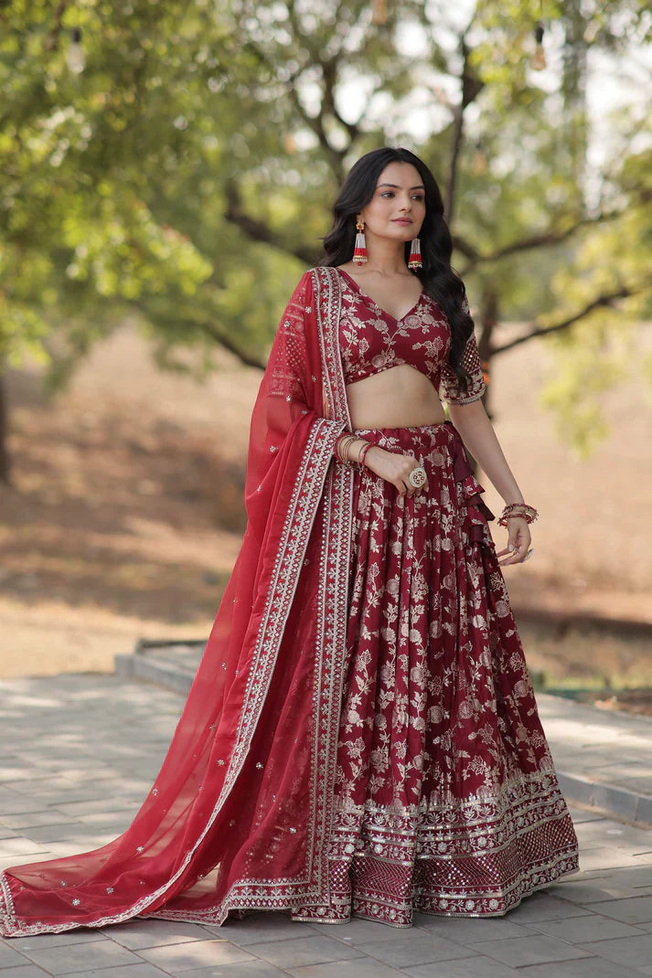 Elegant Full-Stitched Pure Dyable Viscose Jacquard Lehenga with Sequins Embroidery | Unstitched Matching Blouse & Russian Silk Dupatta