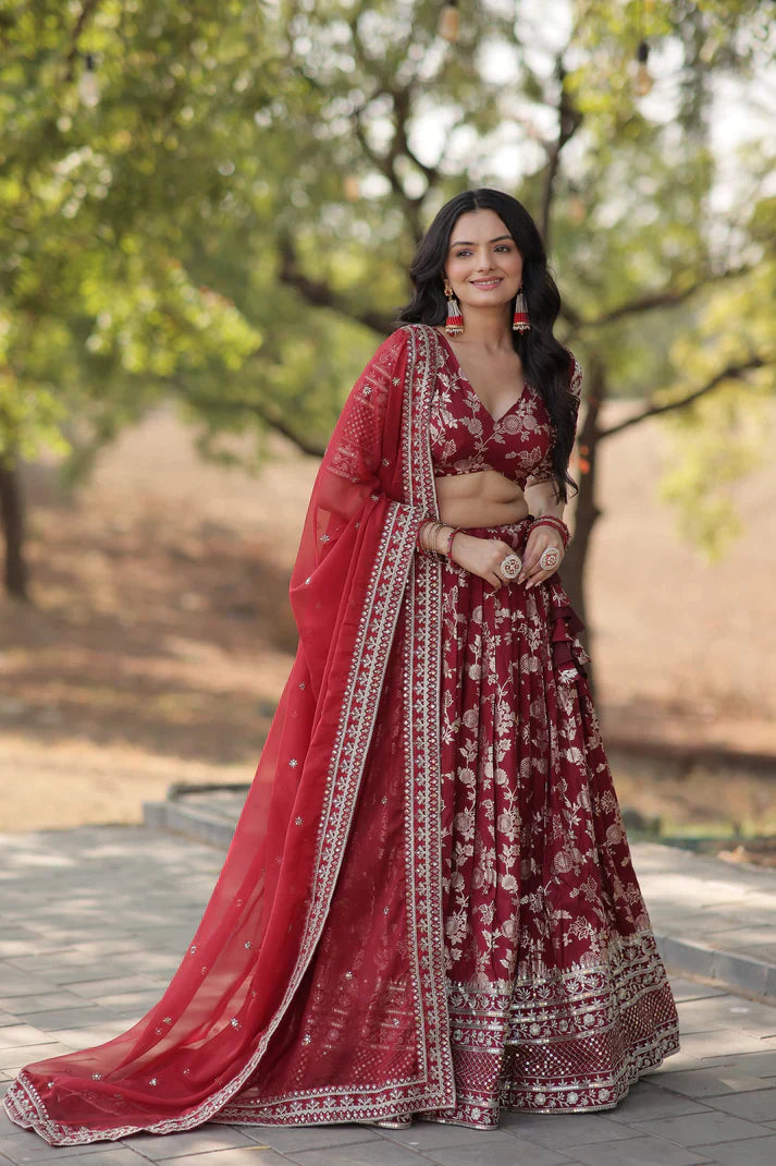 Elegant Full-Stitched Pure Dyable Viscose Jacquard Lehenga with Sequins Embroidery | Unstitched Matching Blouse & Russian Silk Dupatta