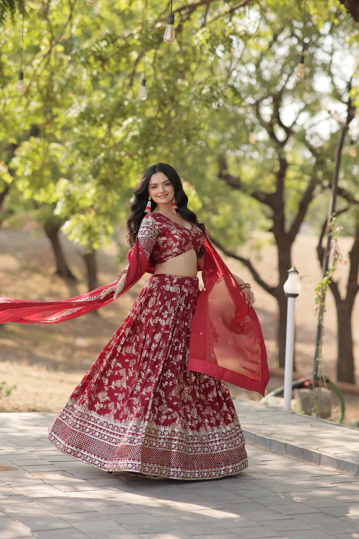 Elegant Full-Stitched Pure Dyable Viscose Jacquard Lehenga with Sequins Embroidery | Unstitched Matching Blouse & Russian Silk Dupatta