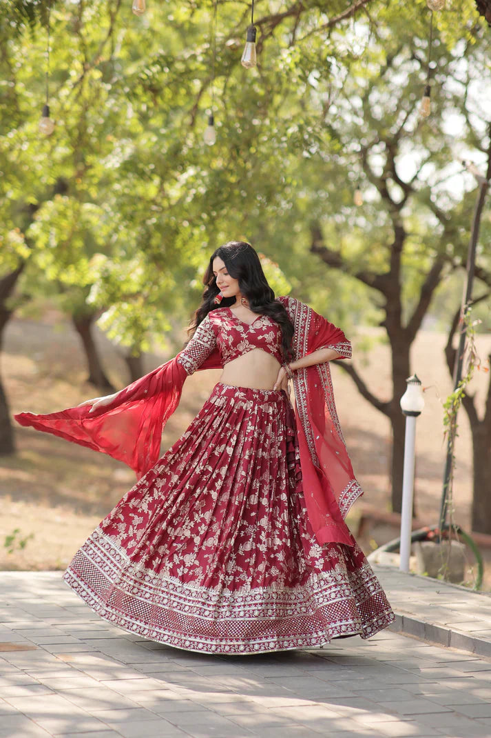 Elegant Full-Stitched Pure Dyable Viscose Jacquard Lehenga with Sequins Embroidery | Unstitched Matching Blouse & Russian Silk Dupatta