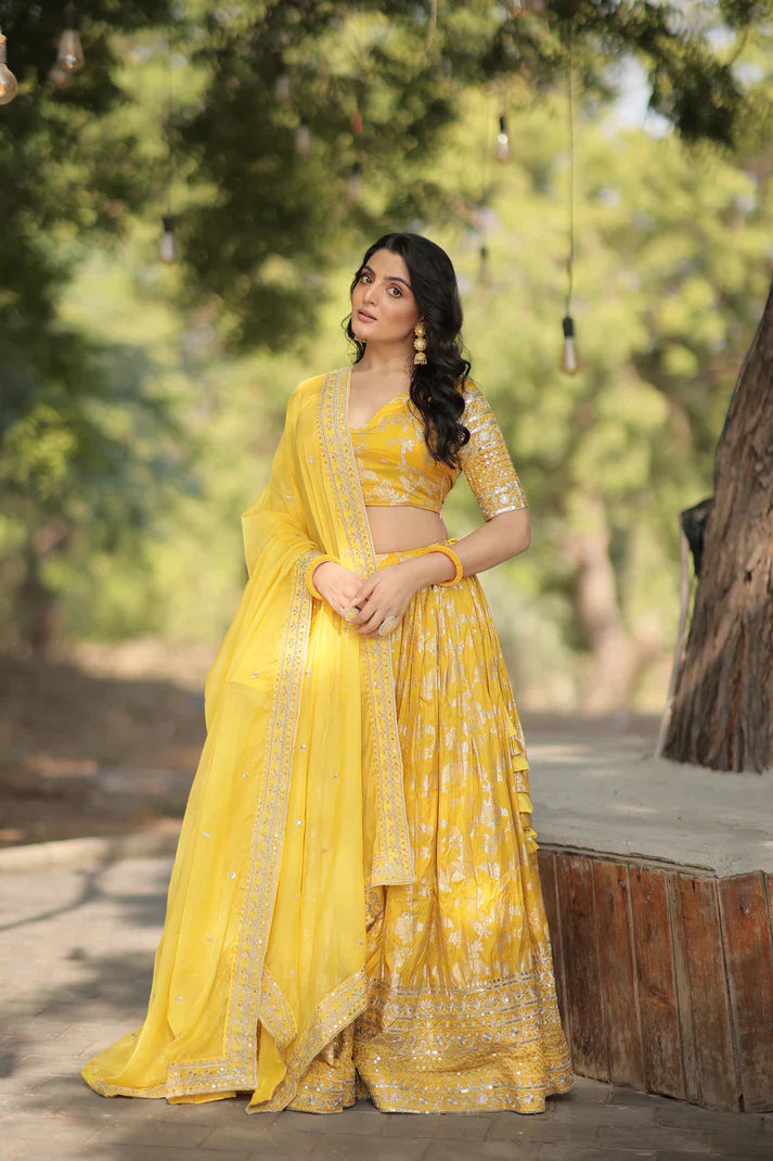Stunning Full-Stitched Dyable Viscose Jacquard Lehenga with Sequins Embroidery | Unstitched Blouse & Russian Silk Dupatta