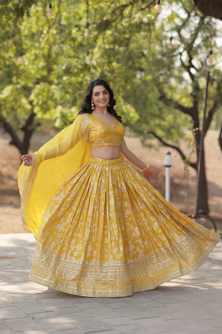 Stunning Full-Stitched Dyable Viscose Jacquard Lehenga with Sequins Embroidery | Unstitched Blouse & Russian Silk Dupatta