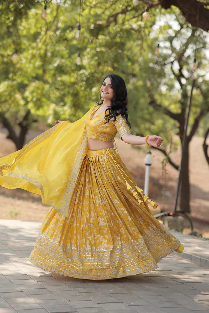 Stunning Full-Stitched Dyable Viscose Jacquard Lehenga with Sequins Embroidery | Unstitched Blouse & Russian Silk Dupatta