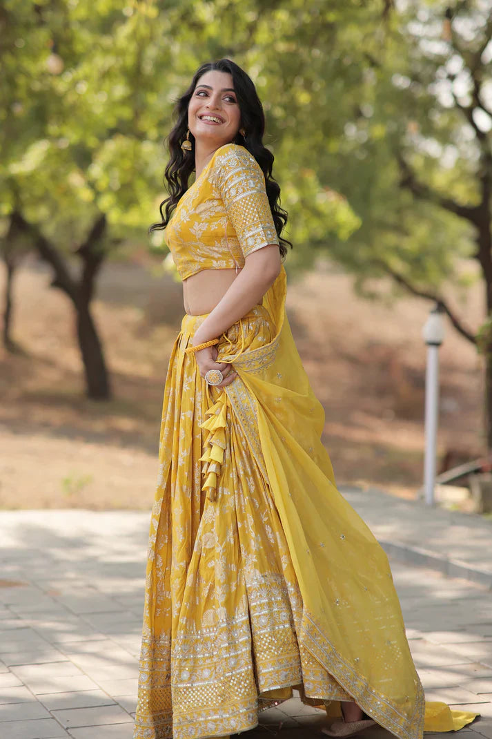 Stunning Full-Stitched Dyable Viscose Jacquard Lehenga with Sequins Embroidery | Unstitched Blouse & Russian Silk Dupatta