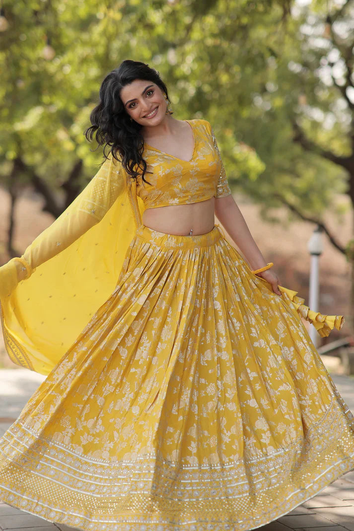 Stunning Full-Stitched Dyable Viscose Jacquard Lehenga with Sequins Embroidery | Unstitched Blouse & Russian Silk Dupatta