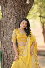Stunning Full-Stitched Dyable Viscose Jacquard Lehenga with Sequins Embroidery | Unstitched Blouse & Russian Silk Dupatta