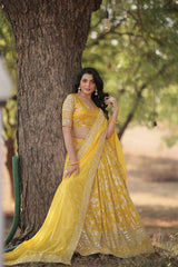 Stunning Full-Stitched Dyable Viscose Jacquard Lehenga with Sequins Embroidery | Unstitched Blouse & Russian Silk Dupatta