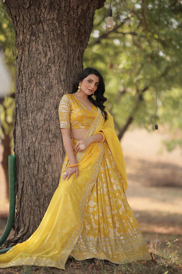 Stunning Full-Stitched Dyable Viscose Jacquard Lehenga with Sequins Embroidery | Unstitched Blouse & Russian Silk Dupatta