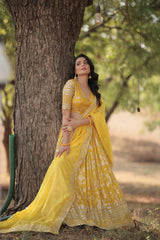 Stunning Full-Stitched Dyable Viscose Jacquard Lehenga with Sequins Embroidery | Unstitched Blouse & Russian Silk Dupatta