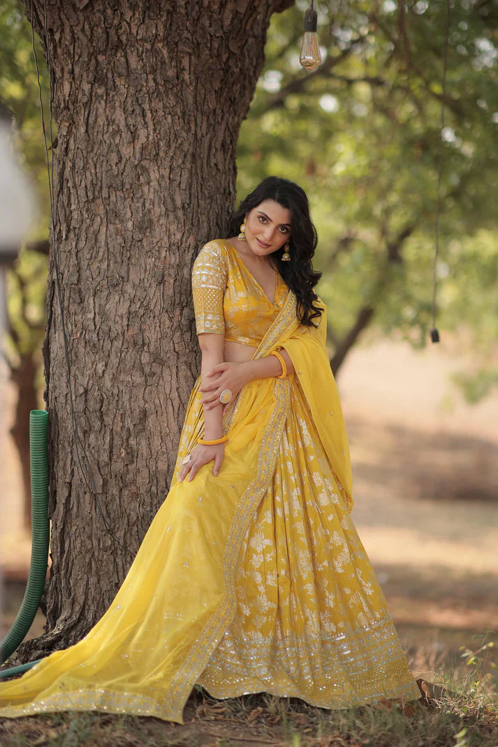 Stunning Full-Stitched Dyable Viscose Jacquard Lehenga with Sequins Embroidery | Unstitched Blouse & Russian Silk Dupatta