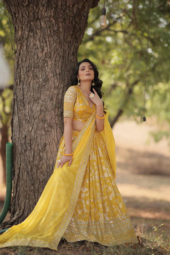 Stunning Full-Stitched Dyable Viscose Jacquard Lehenga with Sequins Embroidery | Unstitched Blouse & Russian Silk Dupatta