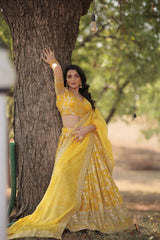 Stunning Full-Stitched Dyable Viscose Jacquard Lehenga with Sequins Embroidery | Unstitched Blouse & Russian Silk Dupatta