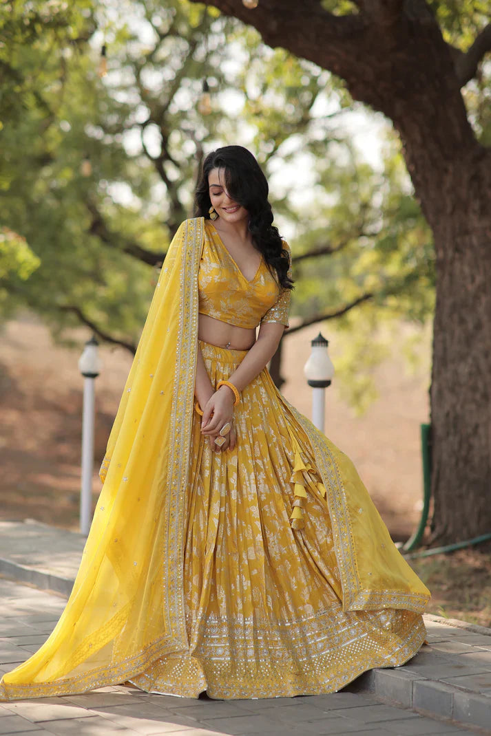 Stunning Full-Stitched Dyable Viscose Jacquard Lehenga with Sequins Embroidery | Unstitched Blouse & Russian Silk Dupatta