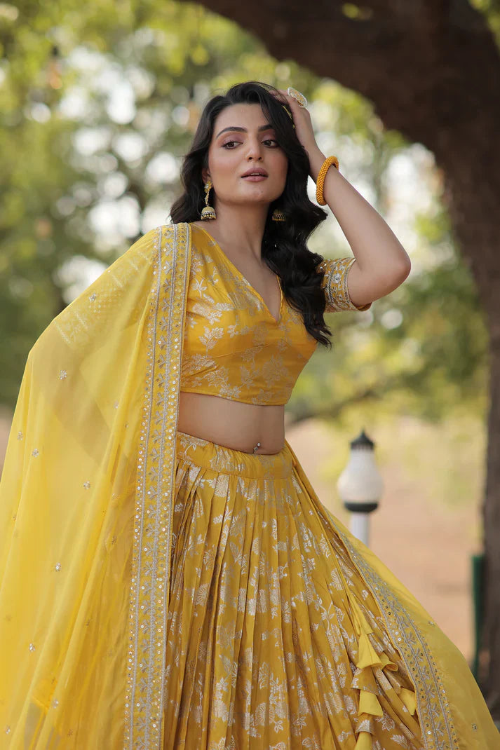 Stunning Full-Stitched Dyable Viscose Jacquard Lehenga with Sequins Embroidery | Unstitched Blouse & Russian Silk Dupatta