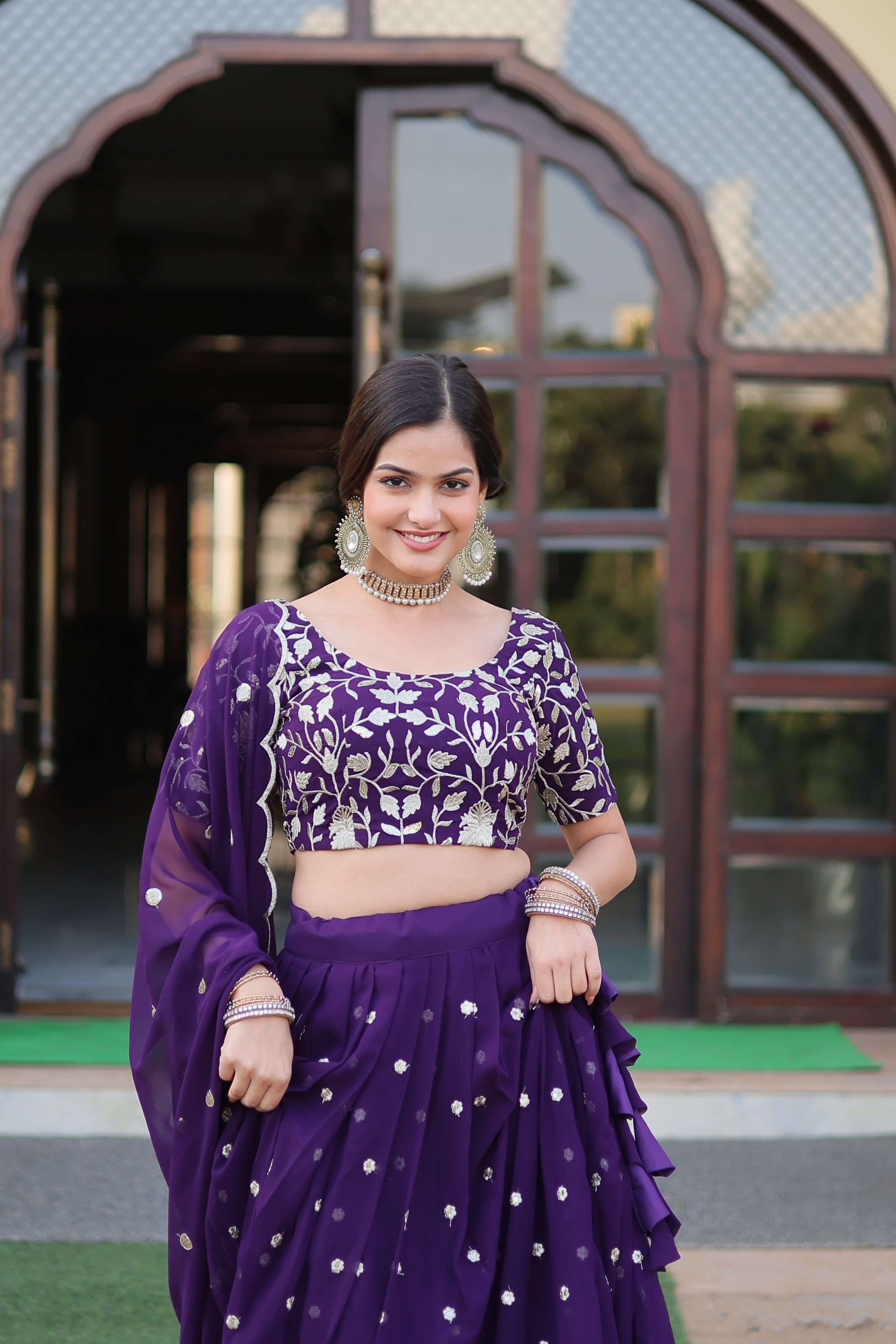 Elegant Faux Blooming Georgette Lehenga with Heavy Sequins Embroidery – 42 Inch Length