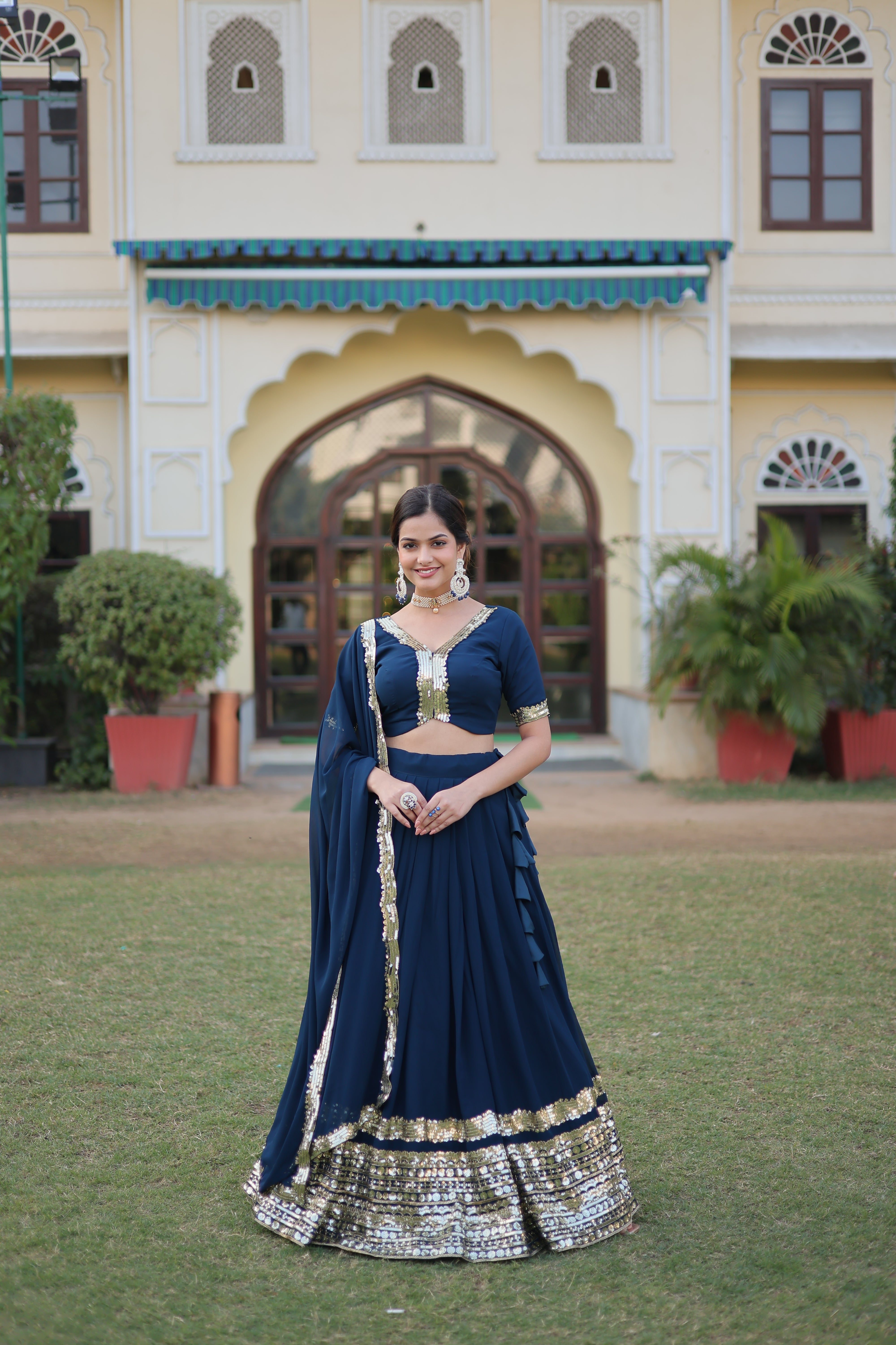 Faux Georgette Lehenga with Sequins Embroidered Work & Lace Border