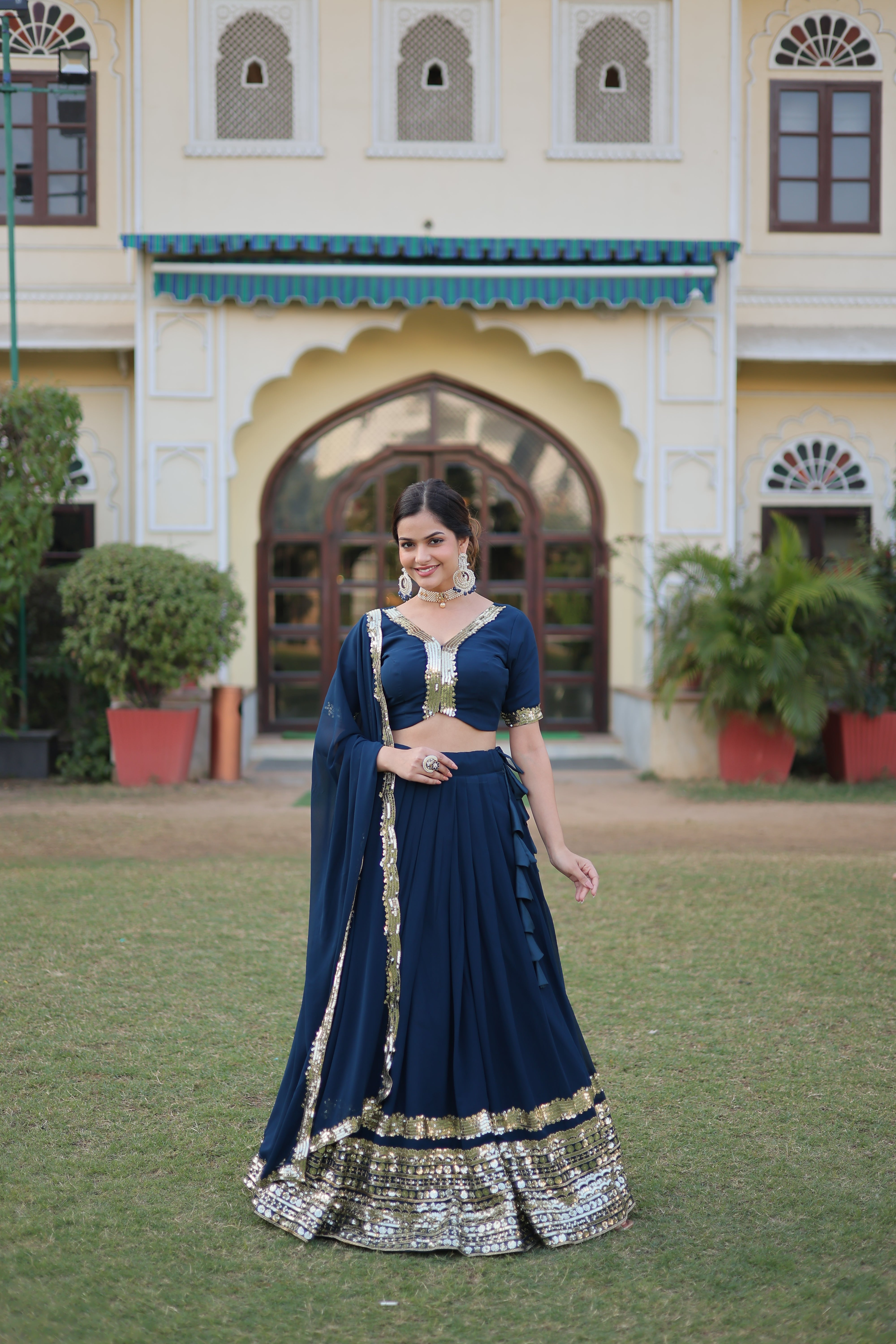 Faux Georgette Lehenga with Sequins Embroidered Work & Lace Border