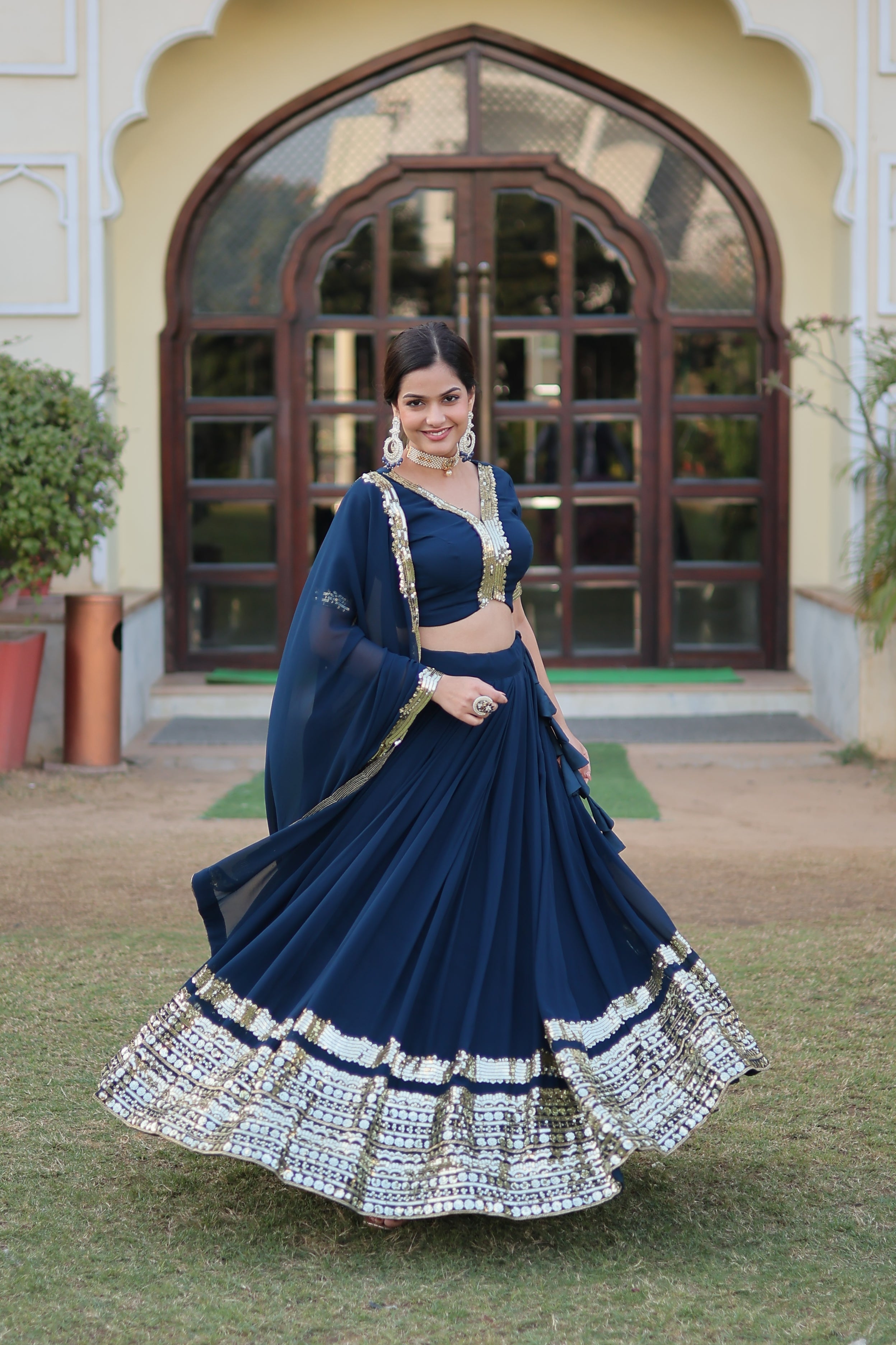 Faux Georgette Lehenga with Sequins Embroidered Work & Lace Border