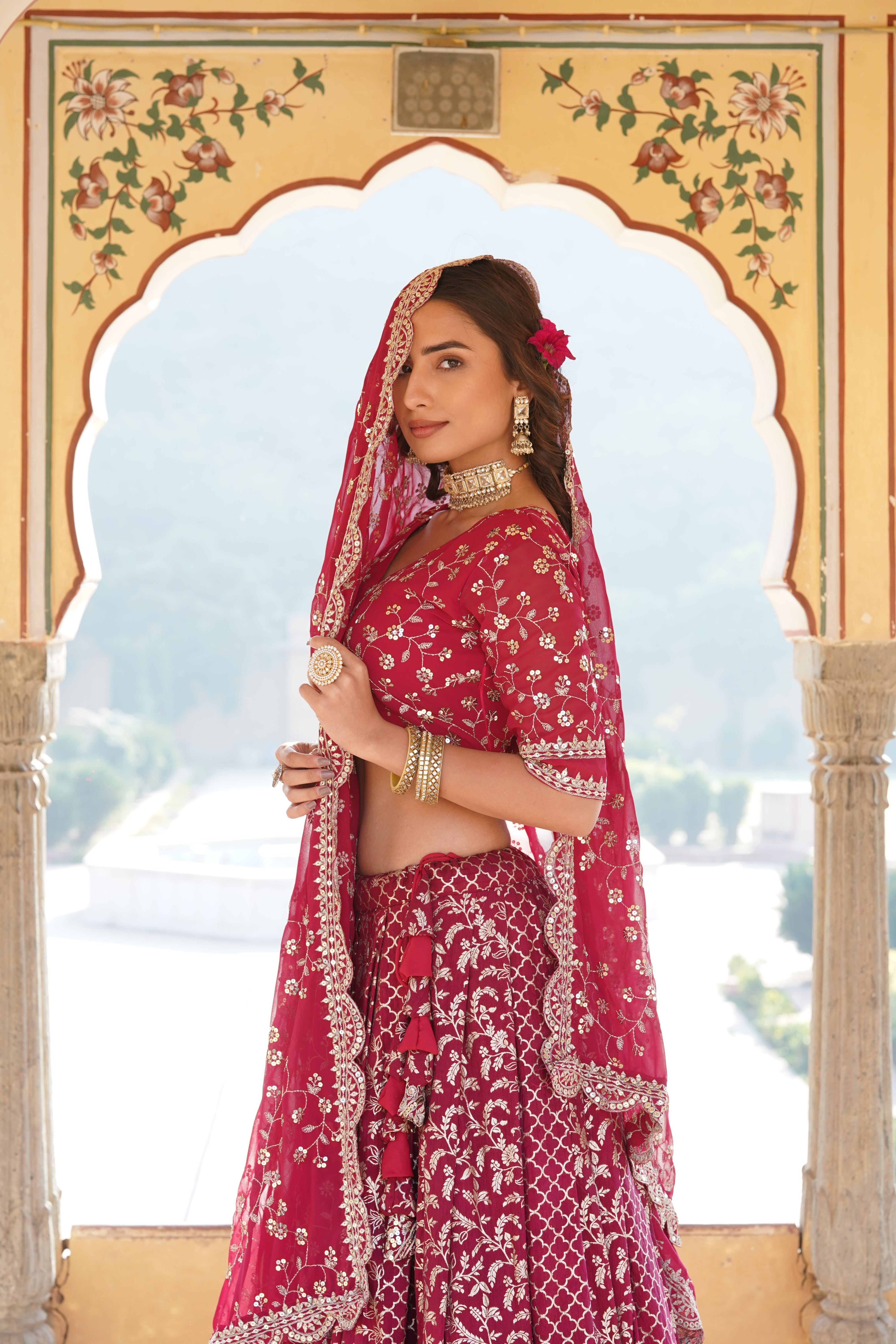 Elegant Full-Stitched Viscose Jacquard Lehenga with Sequins Embroidery | Stitched Lehenga Set