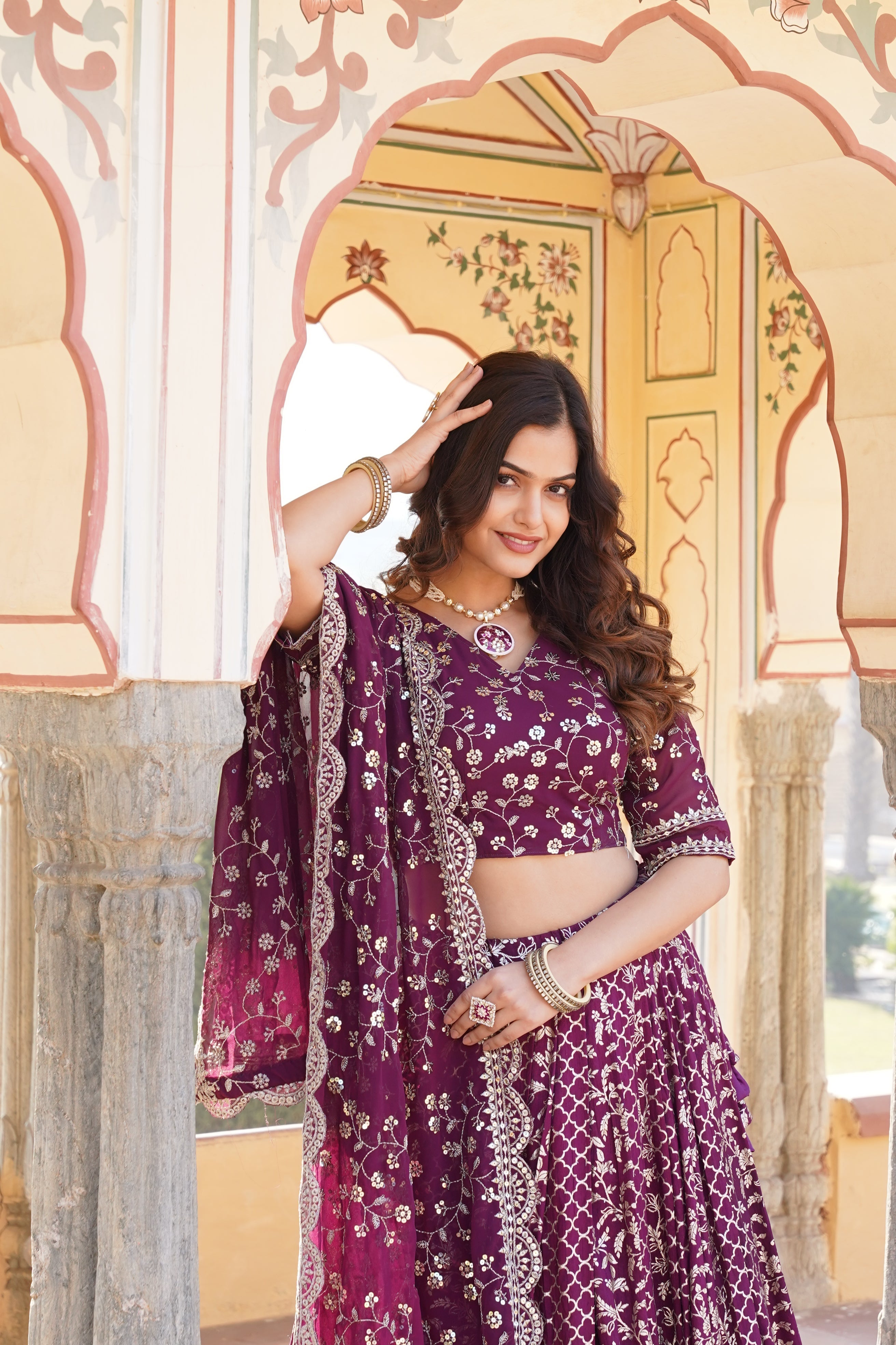 Elegant Full-Stitched Viscose Jacquard Lehenga with Sequins Embroidery | Stitched Lehenga Set