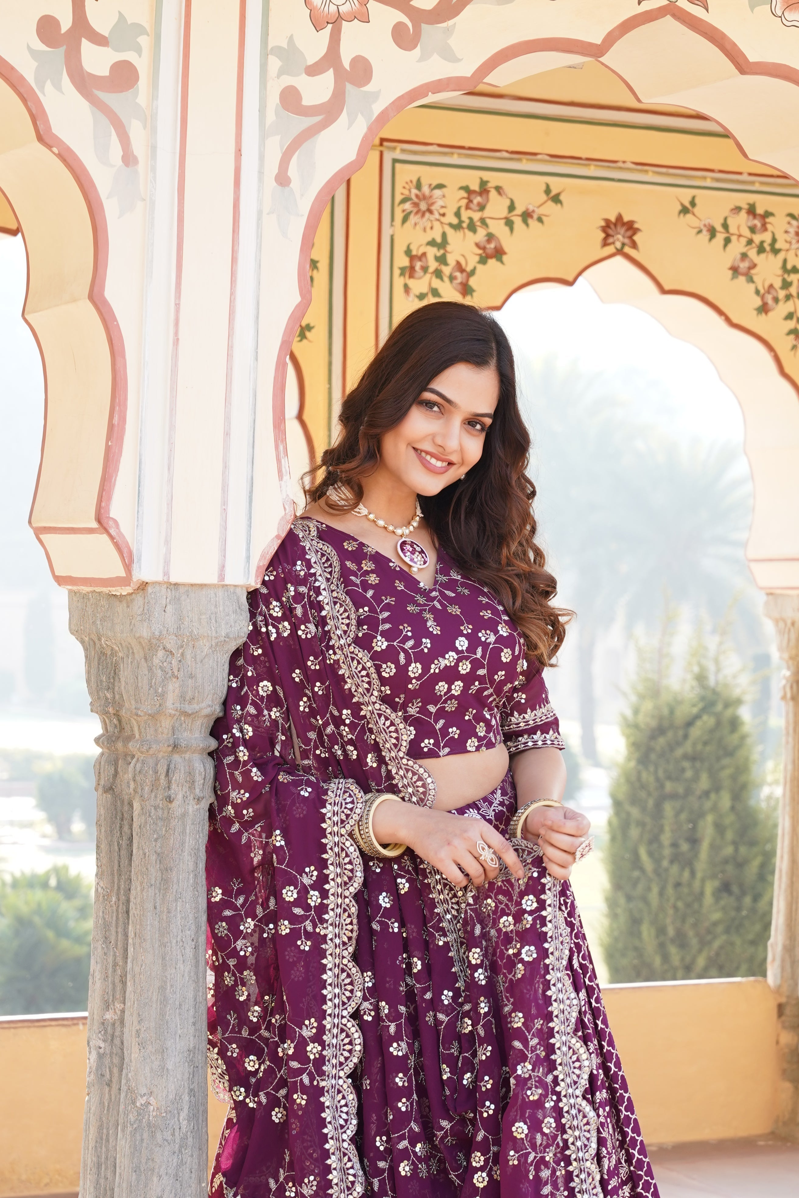 Elegant Full-Stitched Viscose Jacquard Lehenga with Sequins Embroidery | Stitched Lehenga Set