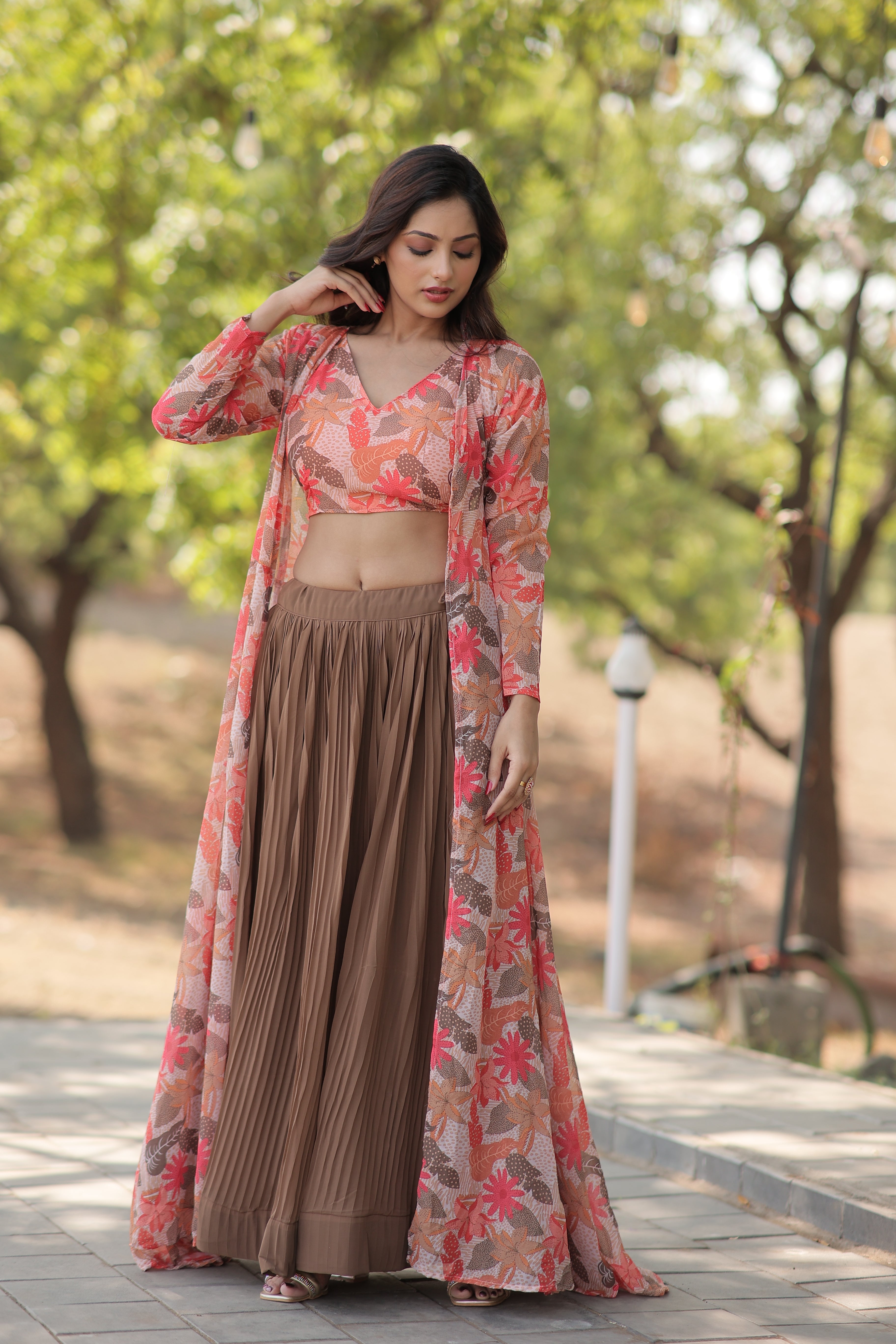 Elegant Faux Georgette Lehenga Set with Digital Floral Print & Matching Shrug | Full-Stitched Ensemble