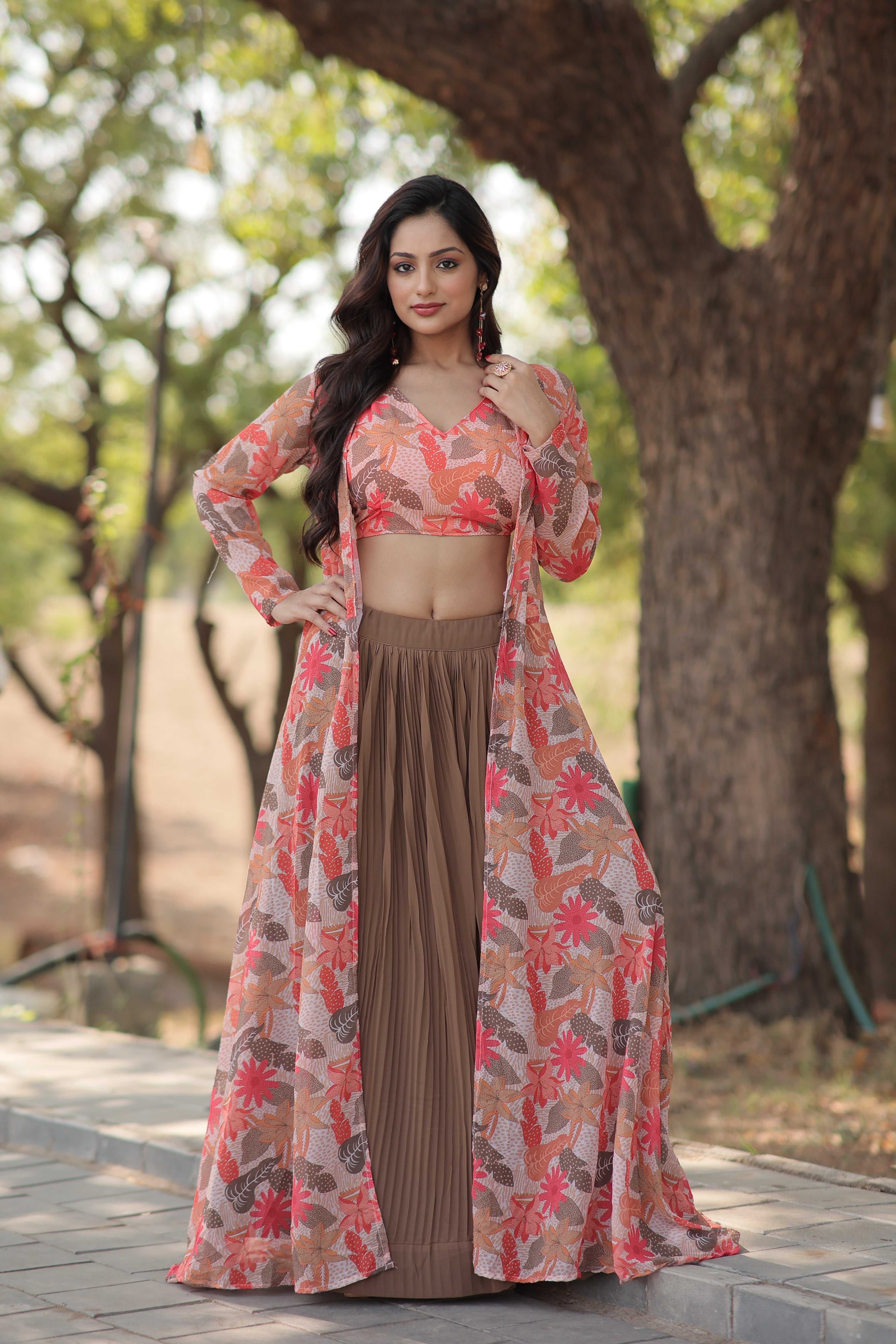 Elegant Faux Georgette Lehenga Set with Digital Floral Print & Matching Shrug | Full-Stitched Ensemble