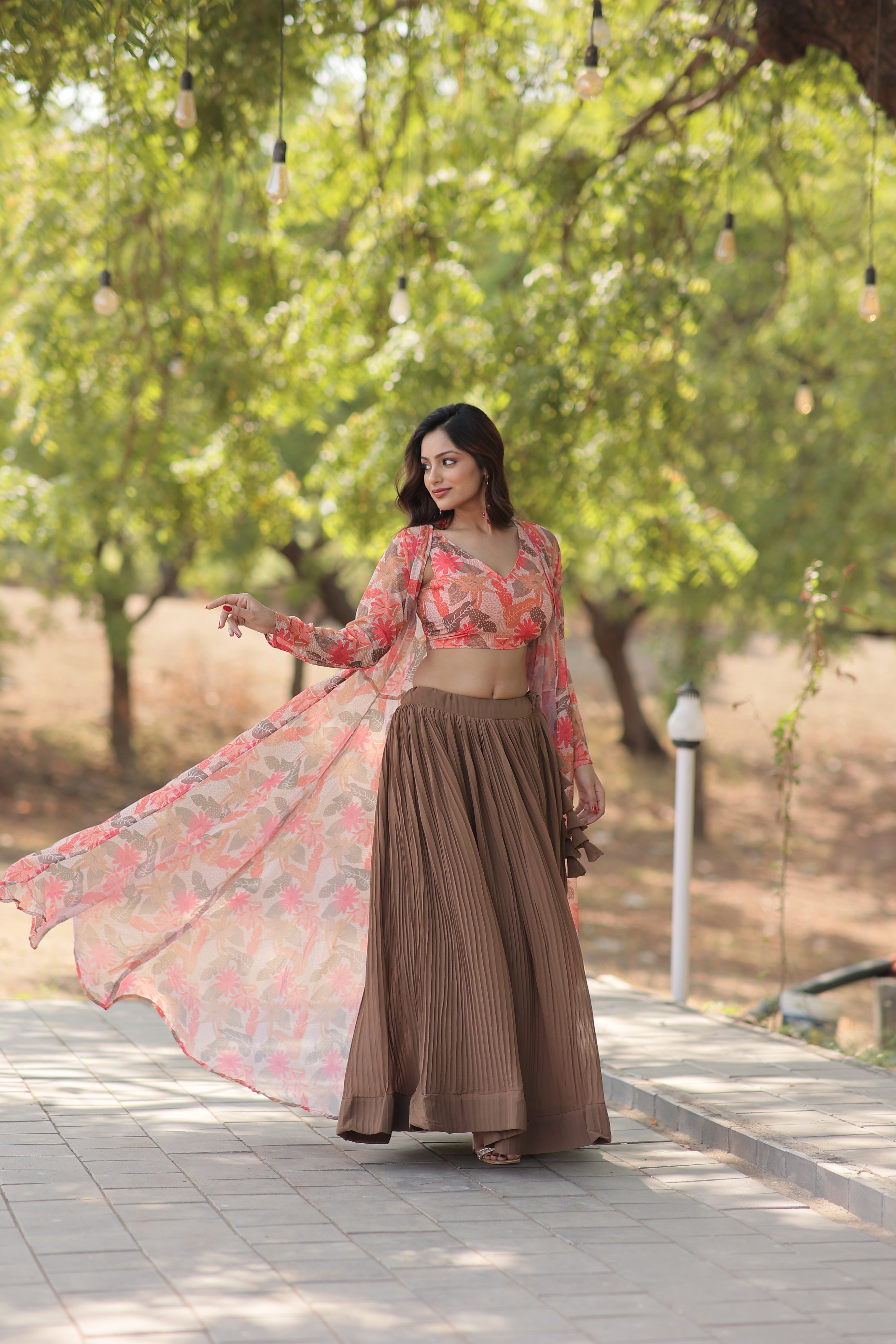Elegant Faux Georgette Lehenga Set with Digital Floral Print & Matching Shrug | Full-Stitched Ensemble