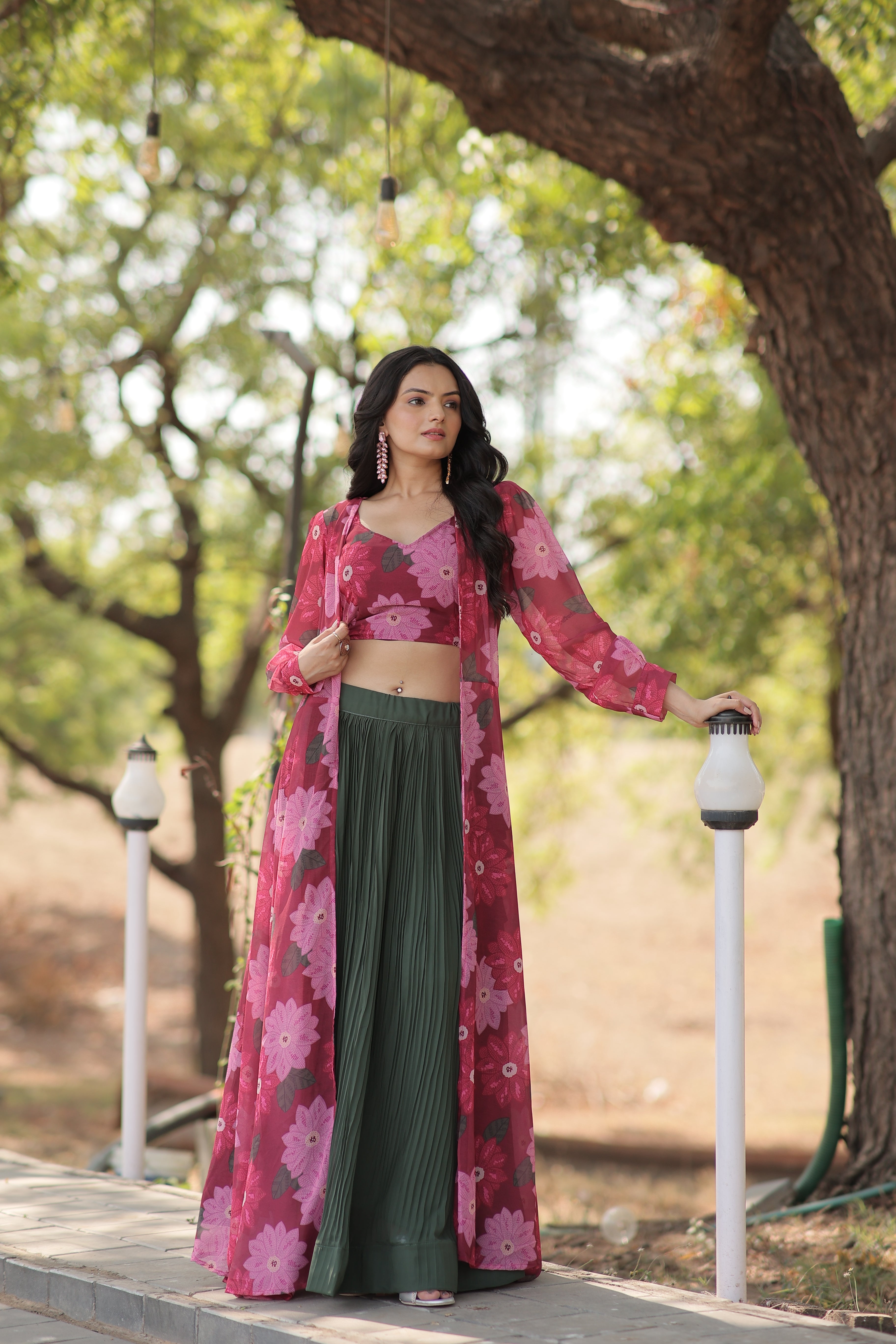 Elegant Faux Georgette Lehenga Set with Digital Floral Print & Matching Shrug | Full-Stitched Ensemble